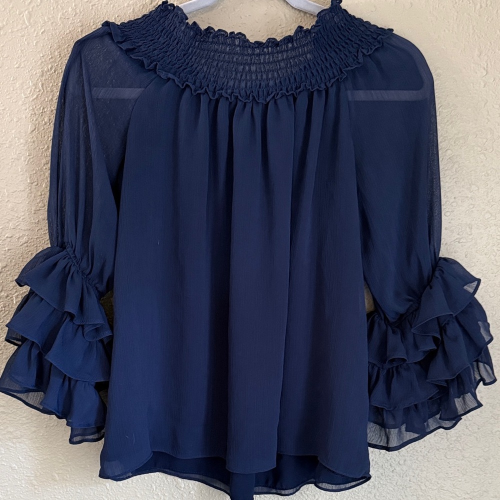 Express Navy Ruffle Sleeve Blouse - Picture 6 of 6